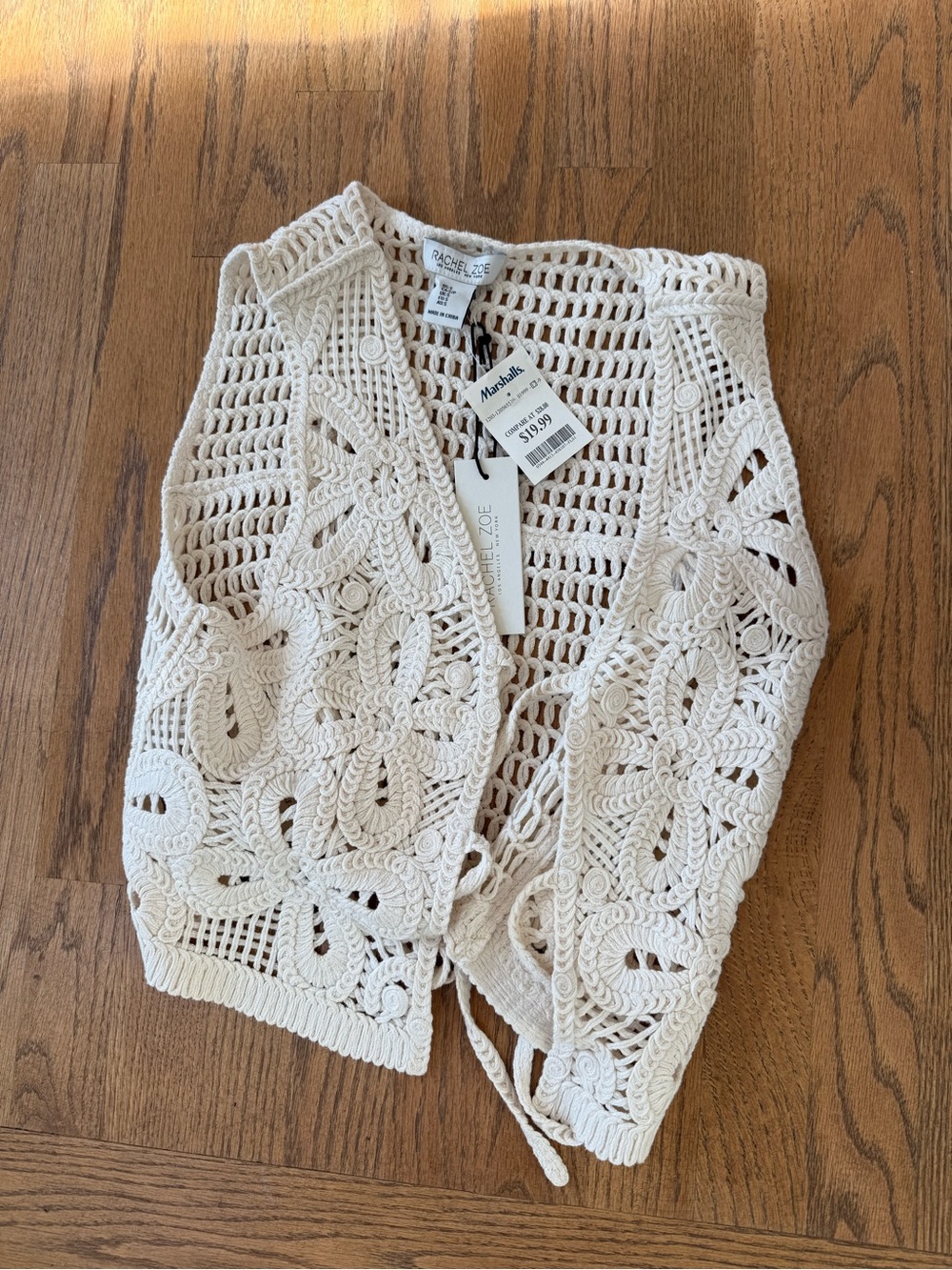 Rachel Zoe Cream Crochet Tie-Front Crochet Vest